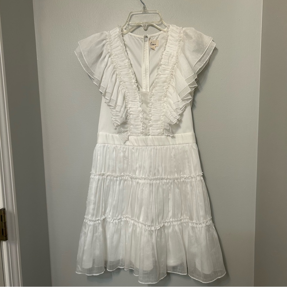 Lena White Short Summer Dress Ruffle Cap‎ Sleeve Fit & Flare Minidress S EUC